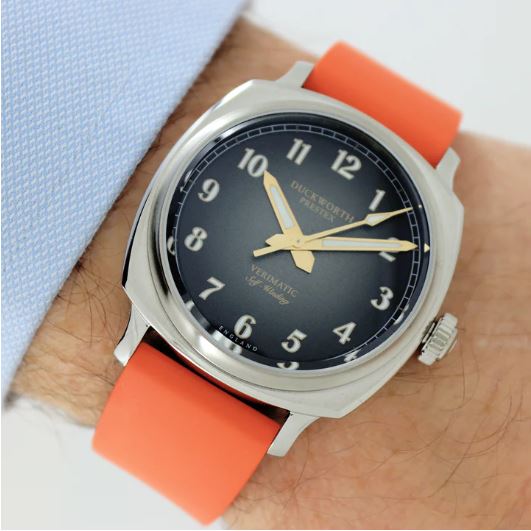 Duckworth Black Fume Orange Rubber Verimatic Watch Lifestyle View D891-01 | C S Bedford Jewellers