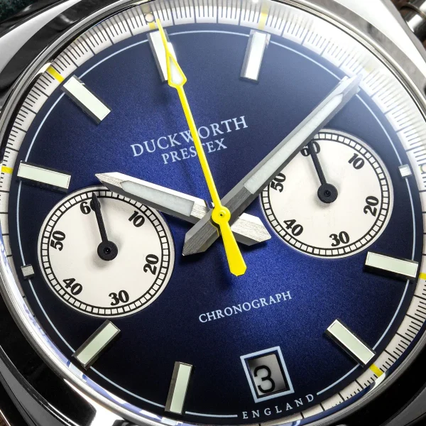 Duckworth Prestex Chronograph 42 Blue Sunburst Blue Rubber Strap | C S Bedford Jewellers