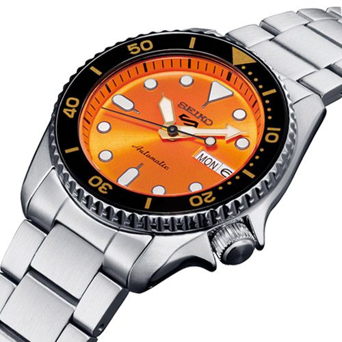 Seiko 5 sports SKX Midi Orange watch side SRPK33K1 C S Bedfords
